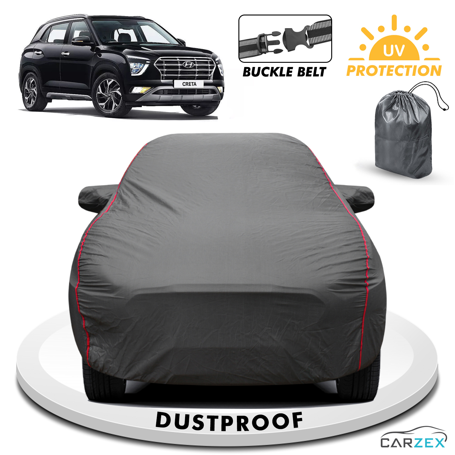 Carzex 2x2 Heavy Duty Red Border Car Body Cover Without Antenna For Creta 2020-2022